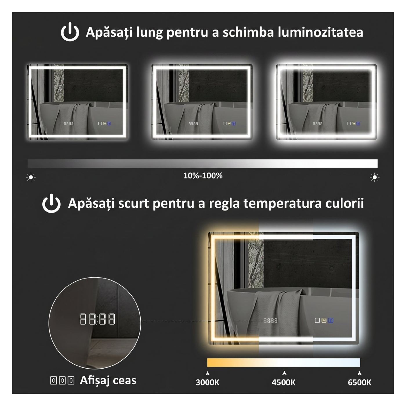 LED огледало за стена с Bluetooth, 100x80 см, против замъгляване, димируемо осветление, 3 цвята, хоризонтален/вертикален монтаж - 6