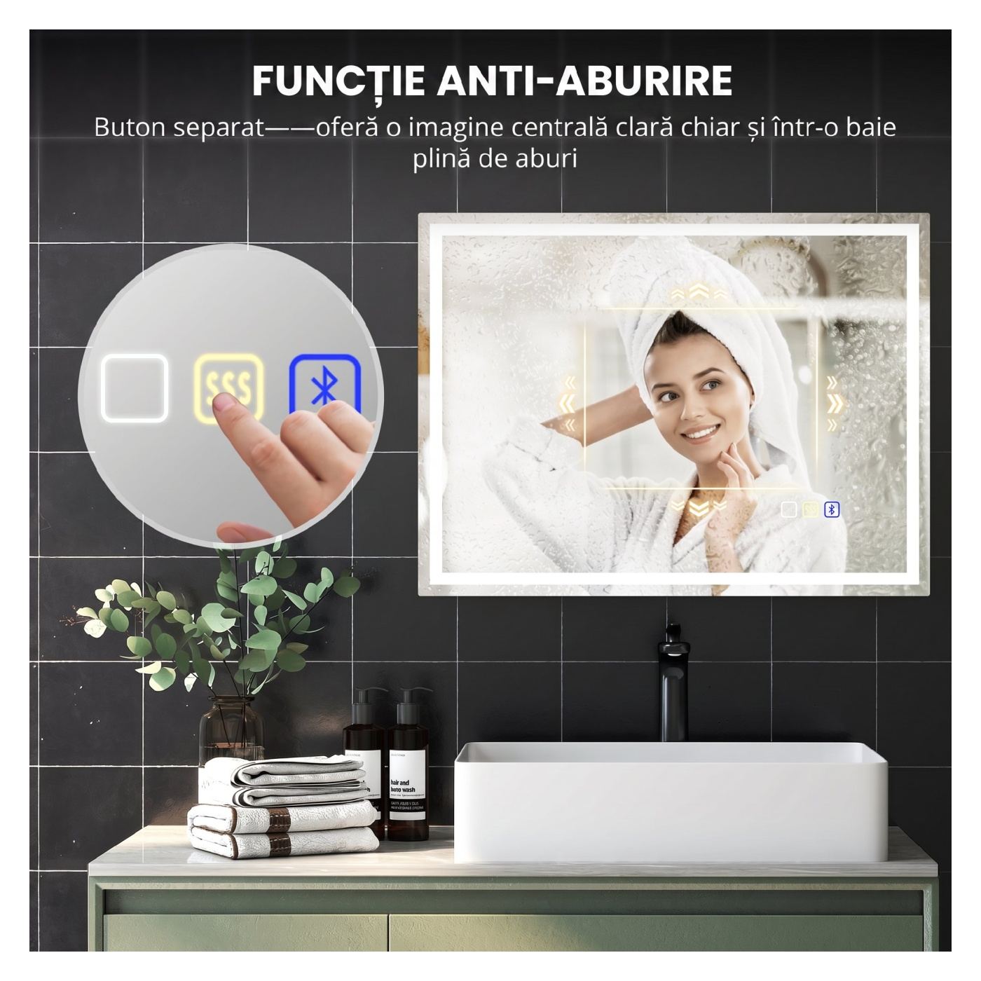 LED огледало за стена с Bluetooth, 100x80 см, против замъгляване, димируемо осветление, 3 цвята, хоризонтален/вертикален монтаж - 7