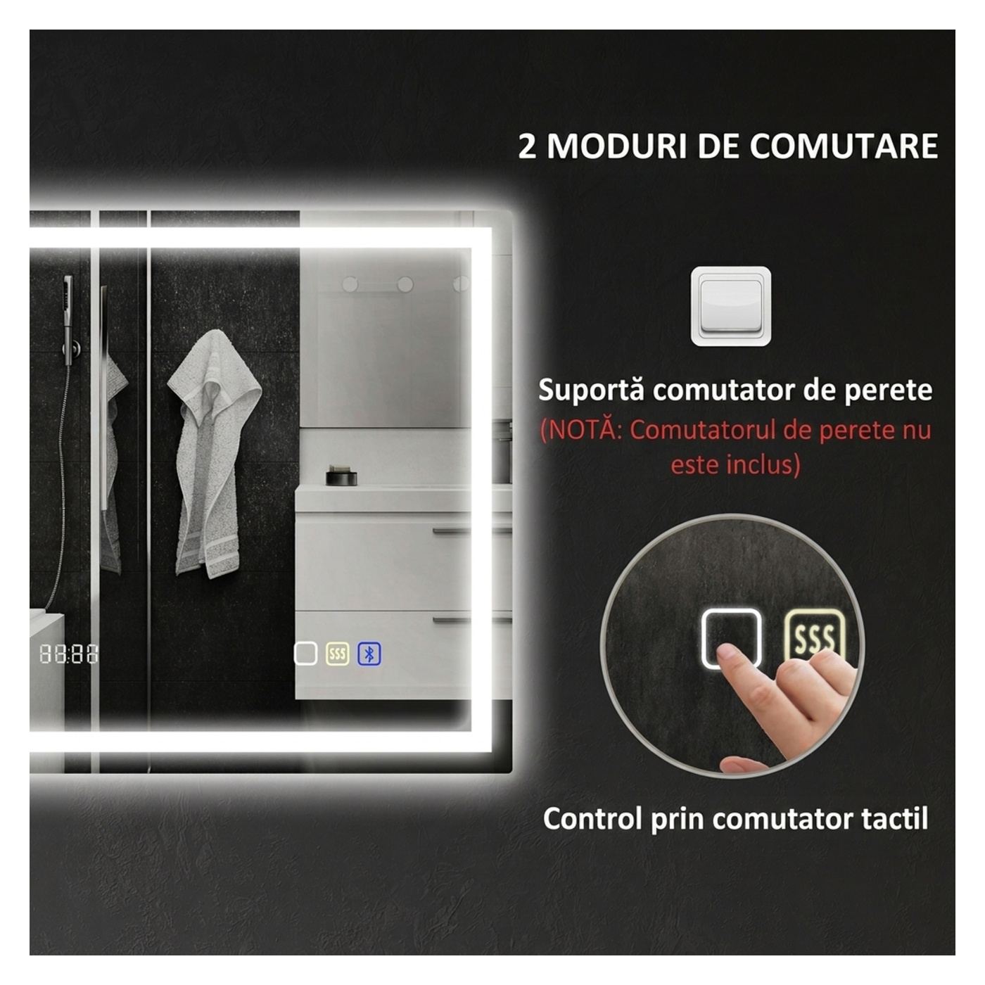 LED огледало за стена с Bluetooth, 100x80 см, против замъгляване, димируемо осветление, 3 цвята, хоризонтален/вертикален монтаж - 9