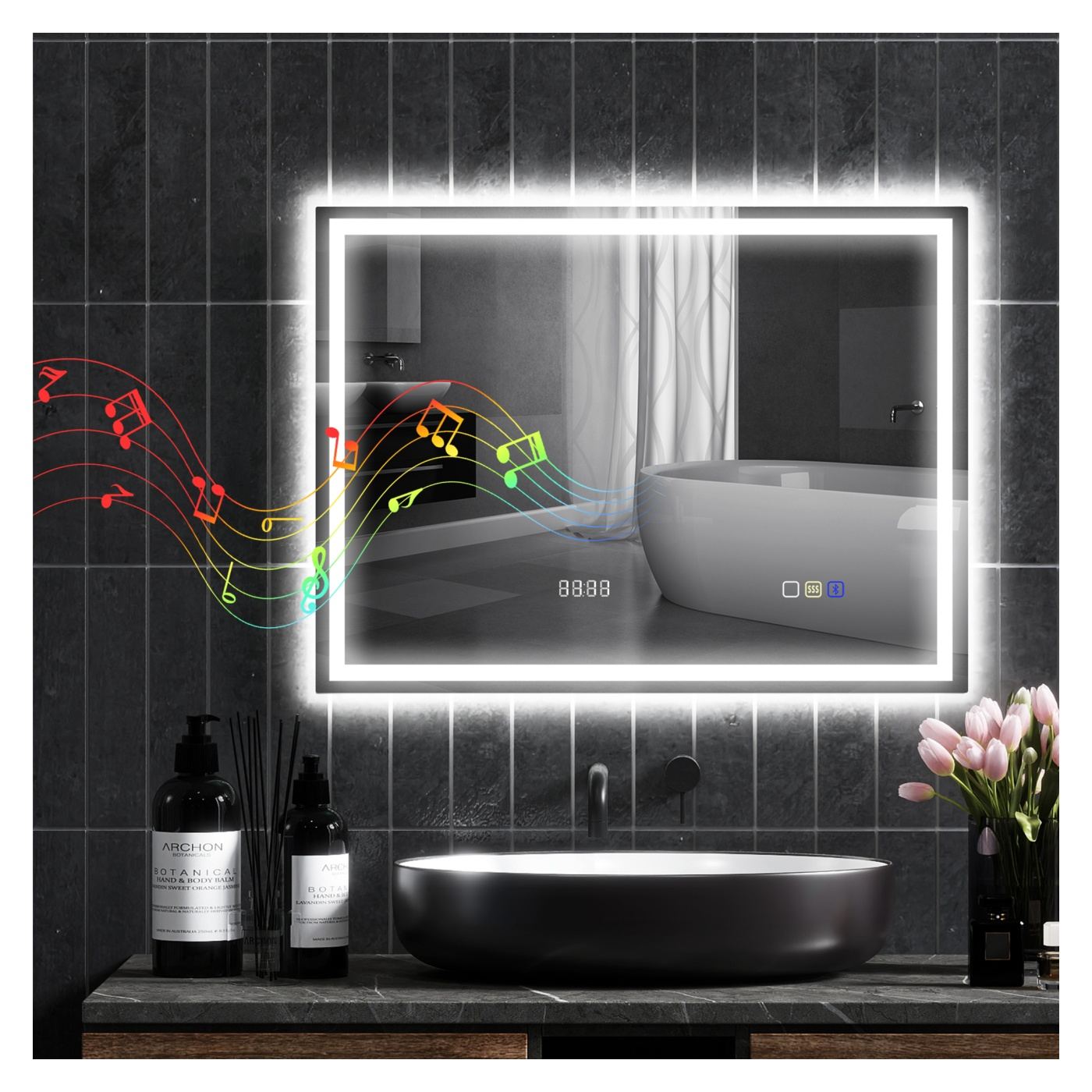 LED огледало за стена с Bluetooth, 100x80 см, против замъгляване, димируемо осветление, 3 цвята, хоризонтален/вертикален монтаж - 10