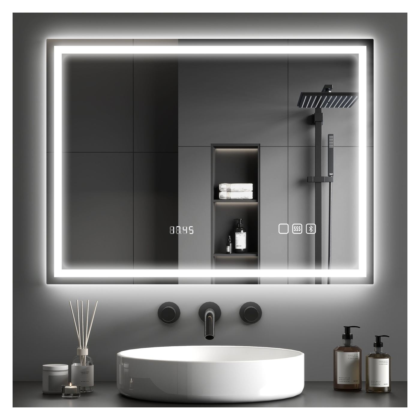 LED огледало за стена с Bluetooth, 100x80 см, против замъгляване, димируемо осветление, 3 цвята, хоризонтален/вертикален монтаж - 11