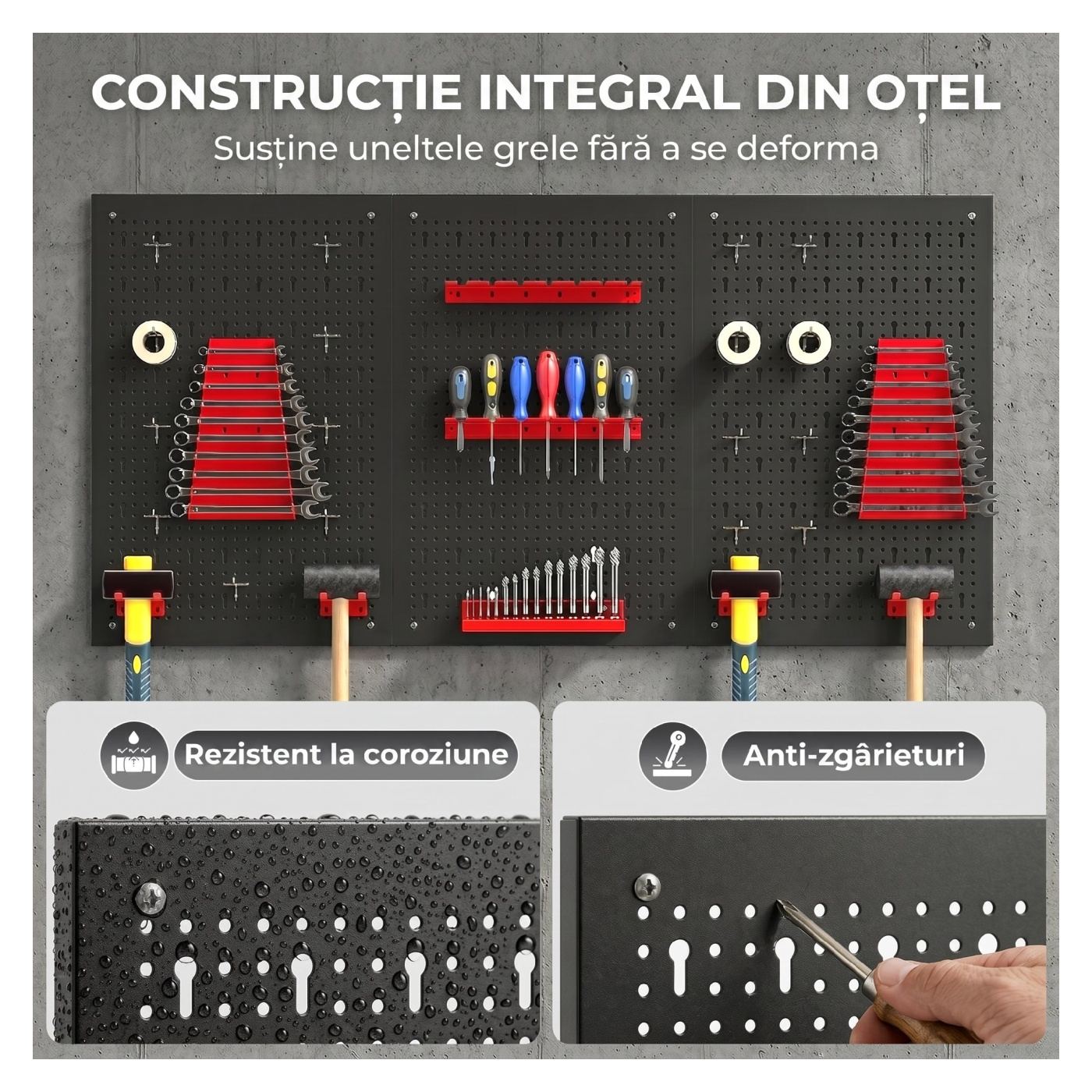 Комплект от 28 перфорирани стенни панела с куки и държачи, 3 гаражни и DIY панела, черно и червено - 4