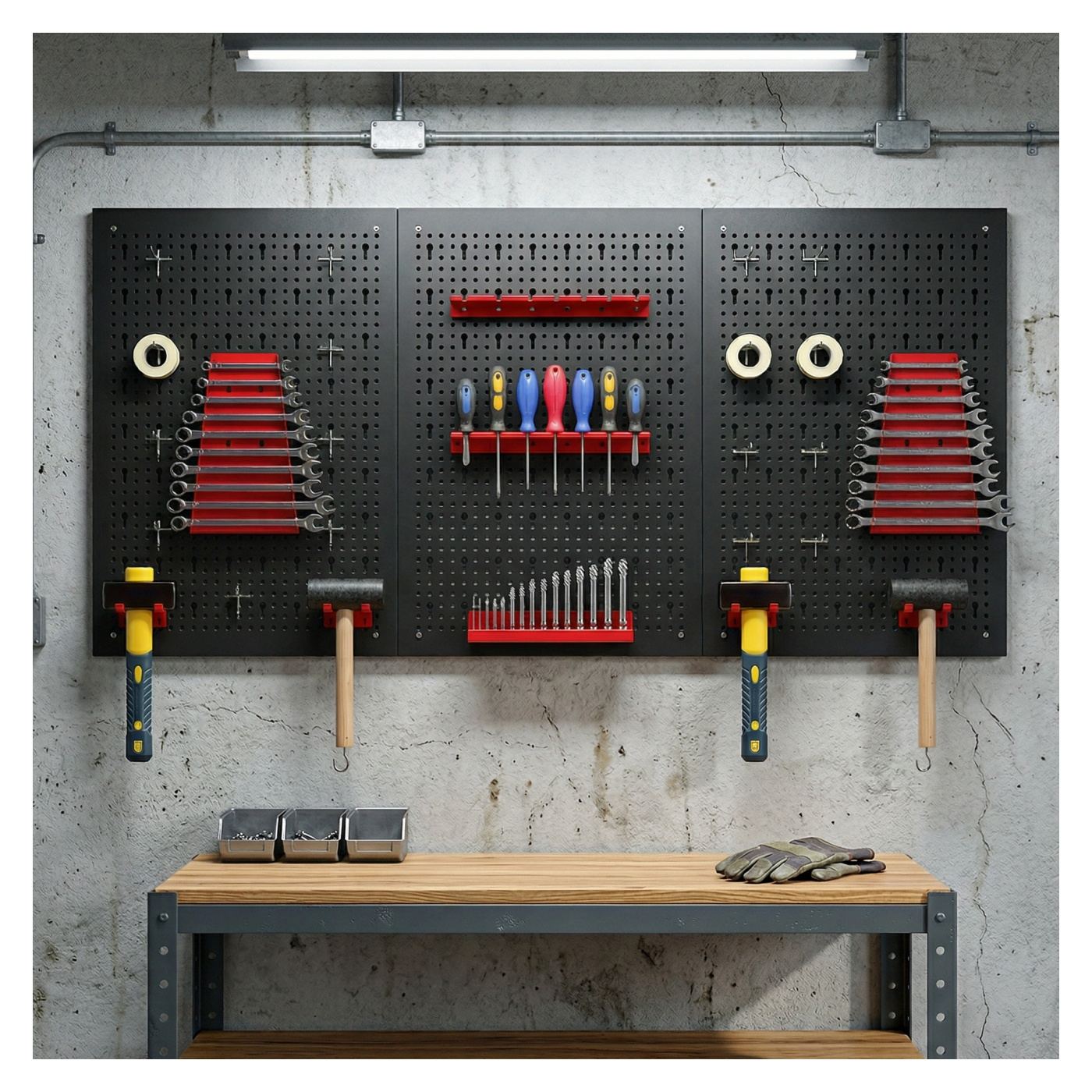 Комплект от 28 перфорирани стенни панела с куки и държачи, 3 гаражни и DIY панела, черно и червено - 7