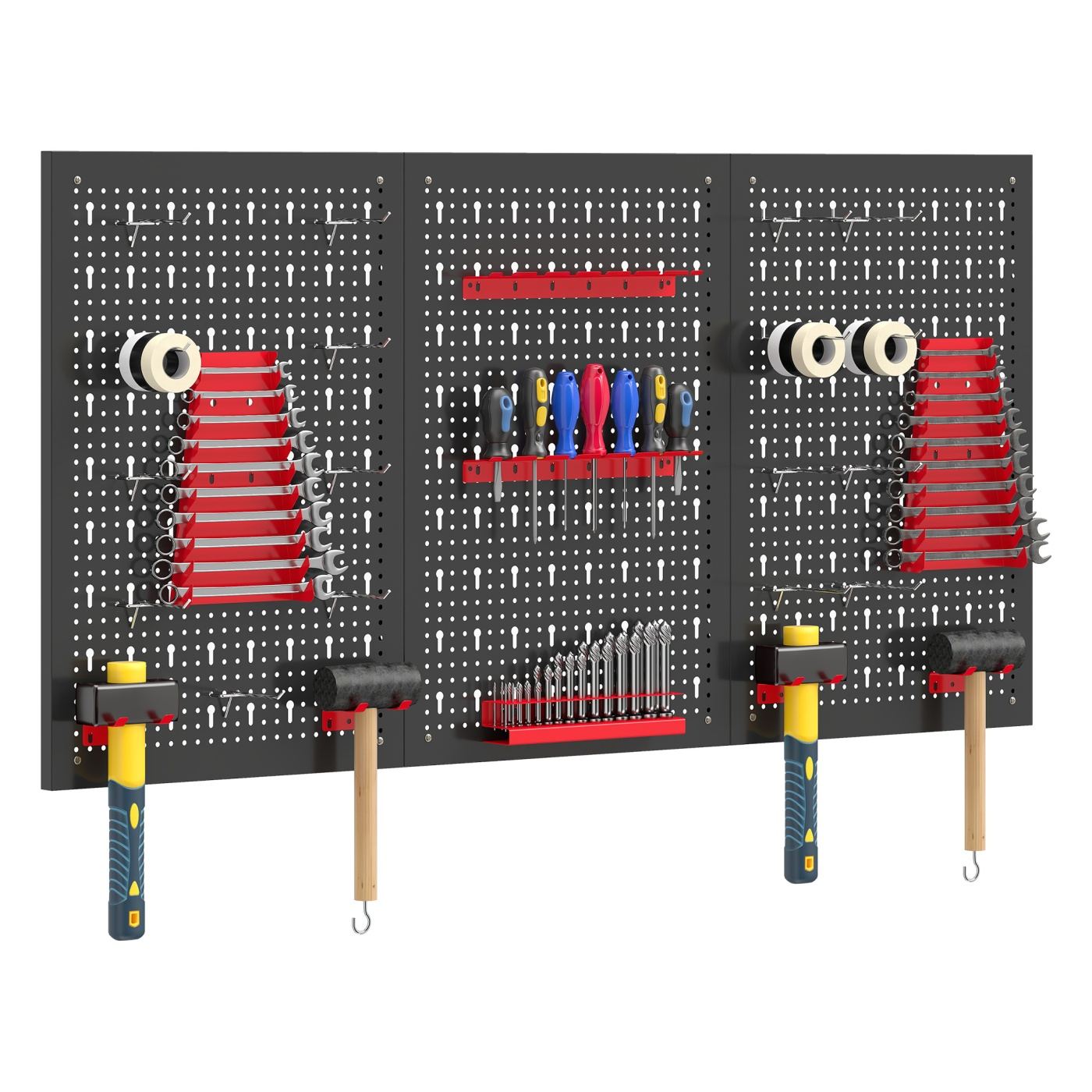 Комплект от 28 перфорирани стенни панела с куки и държачи, 3 гаражни и DIY панела, черно и червено - 12