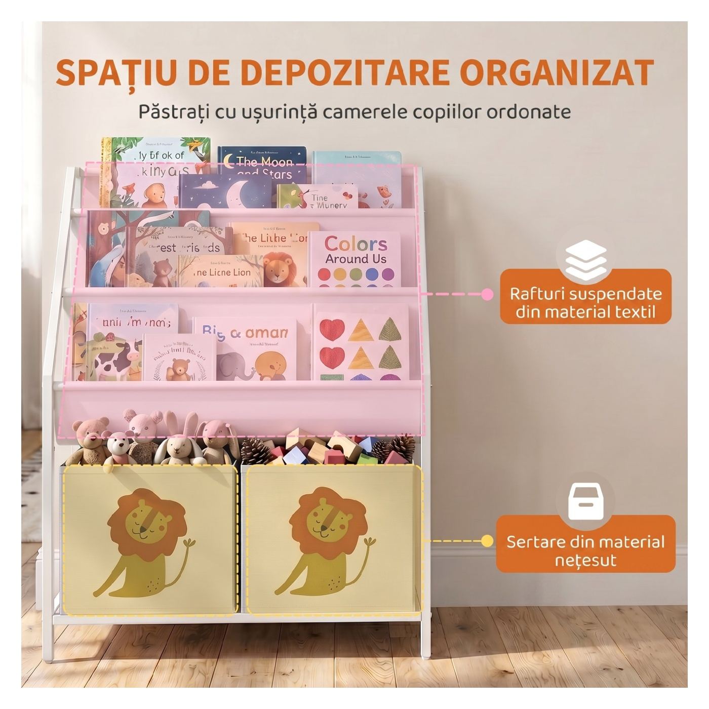 Детска библиотека Монтесори за възраст 3-8 години, 3 рафта и долно отделение с 2 кутии с принт на лъв - 4