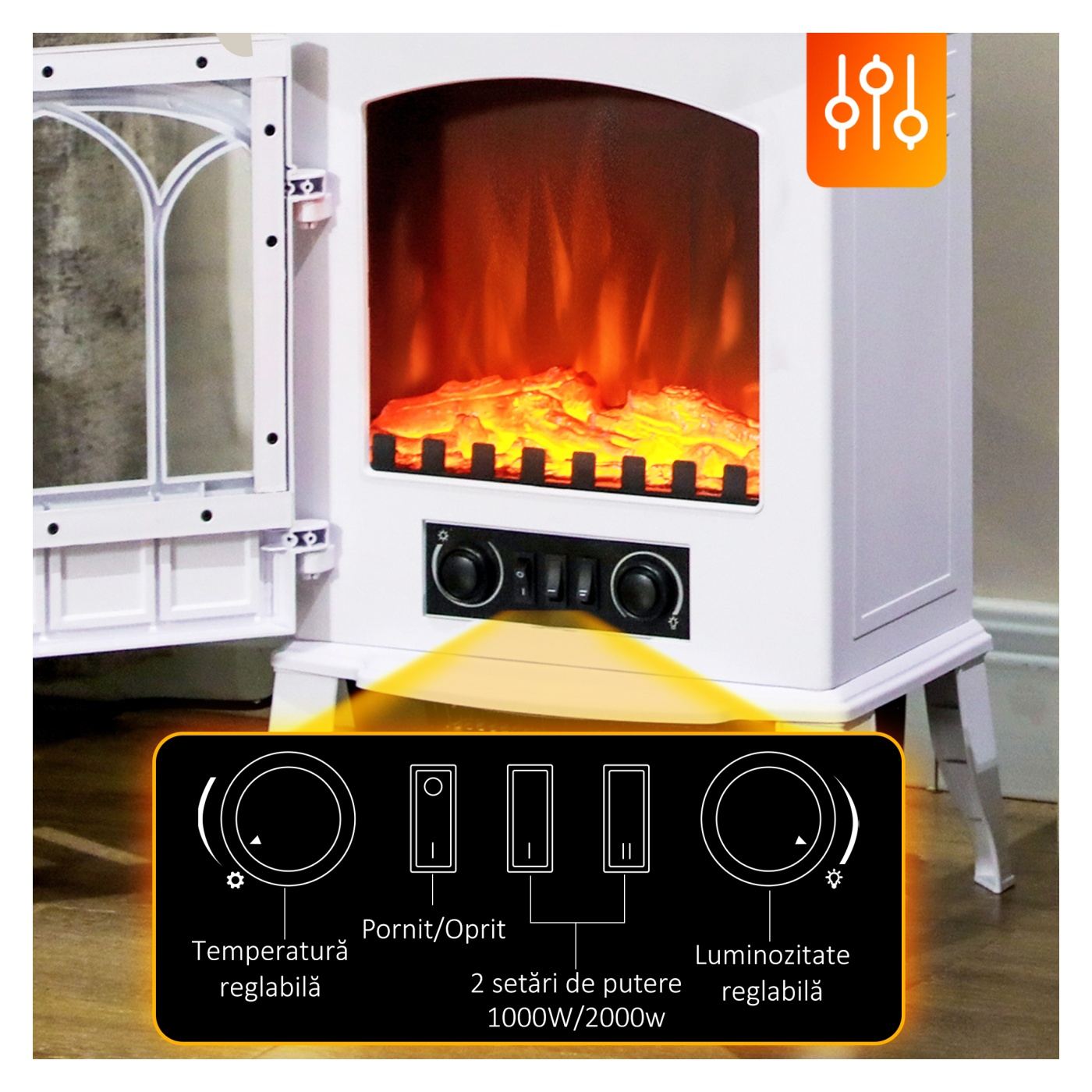 Електрическа камина за под с мощност 1000W / 2000W и регулируем ефект на пламъка, метал и стъкло, 39x23x56.5см - 5