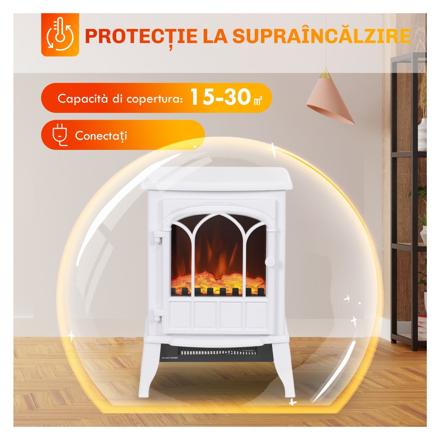 Електрическа камина за под с мощност 1000W / 2000W и регулируем ефект на пламъка, метал и стъкло, 39x23x56.5см - 6