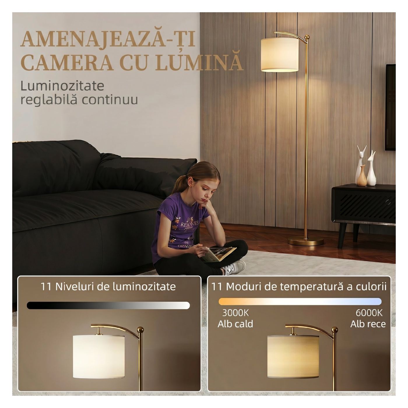 Lampadar LED Dimabil cu Telecomandă, 11 Temperaturi de Culoare și 11 Niveluri de Luminozitate, Timer 60 Min, pentru Living, Sufr - 4