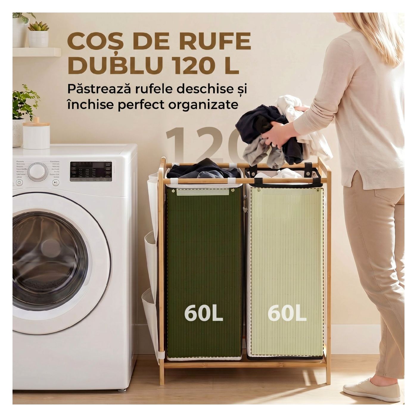 Кошница за пране с 2 отделения 120л, с капаци и странични джобове, бамбук, подвижни торби, голяма за спалня и баня, черна - 4