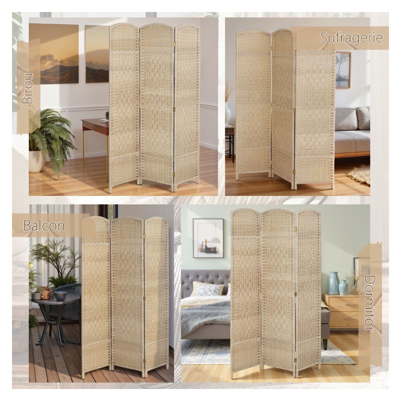 Сгъваема преграда за стая с 3 панела, 135x180 см, тъкана от полипропилен и борова дървесина, разделител за дом, всекидневна и оф - 7