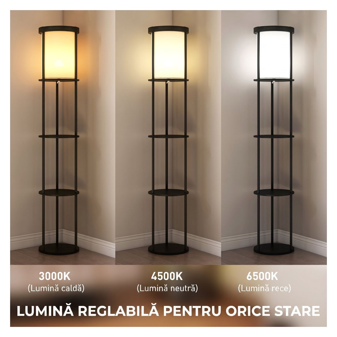 LED подови лампи с кръгли рафтове, текстилен абажур, крачен превключвател и дистанционно управление, за всекидневна и спалня, че - 4