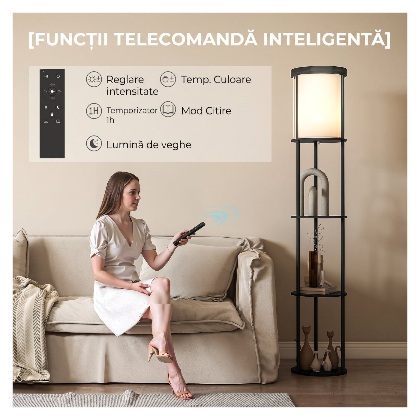 LED подови лампи с кръгли рафтове, текстилен абажур, крачен превключвател и дистанционно управление, за всекидневна и спалня, че - 5
