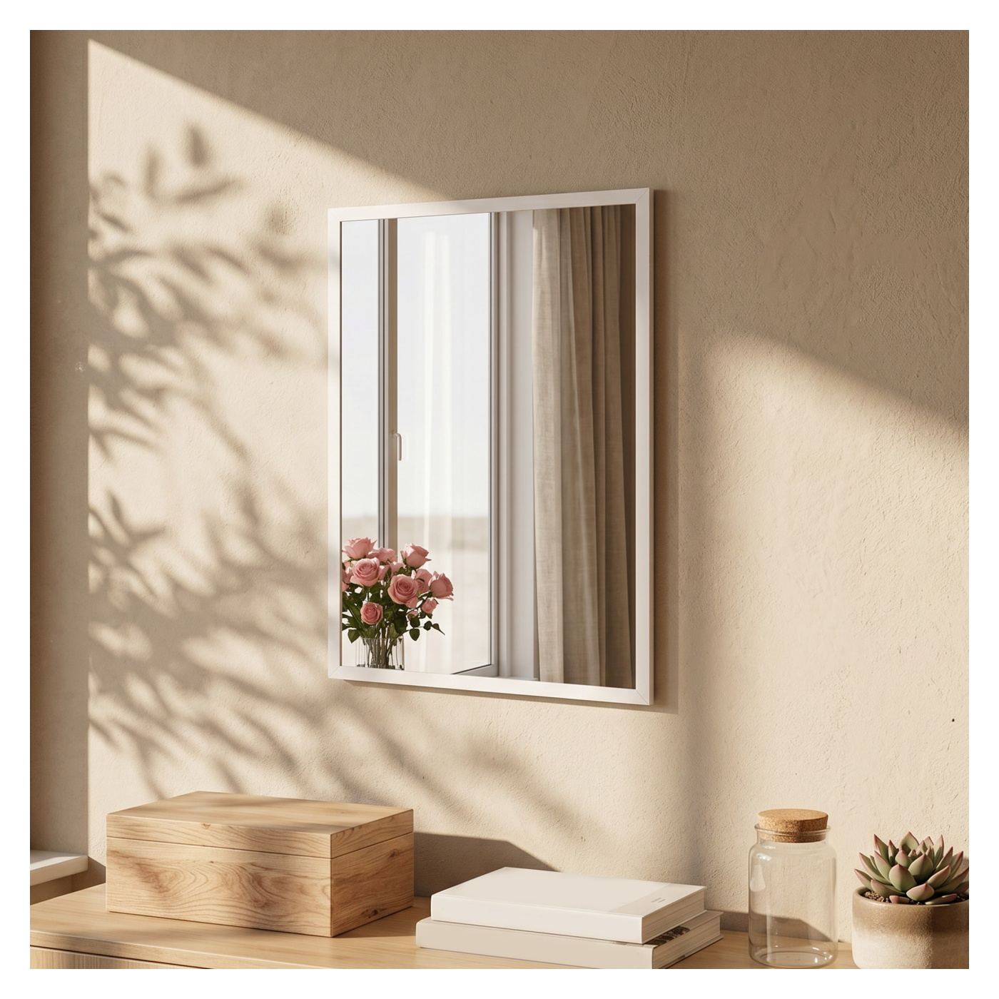 Правоъгълно огледало за стена с куки, стъкло и MDF огледало, 50x70 см, бяло - 8