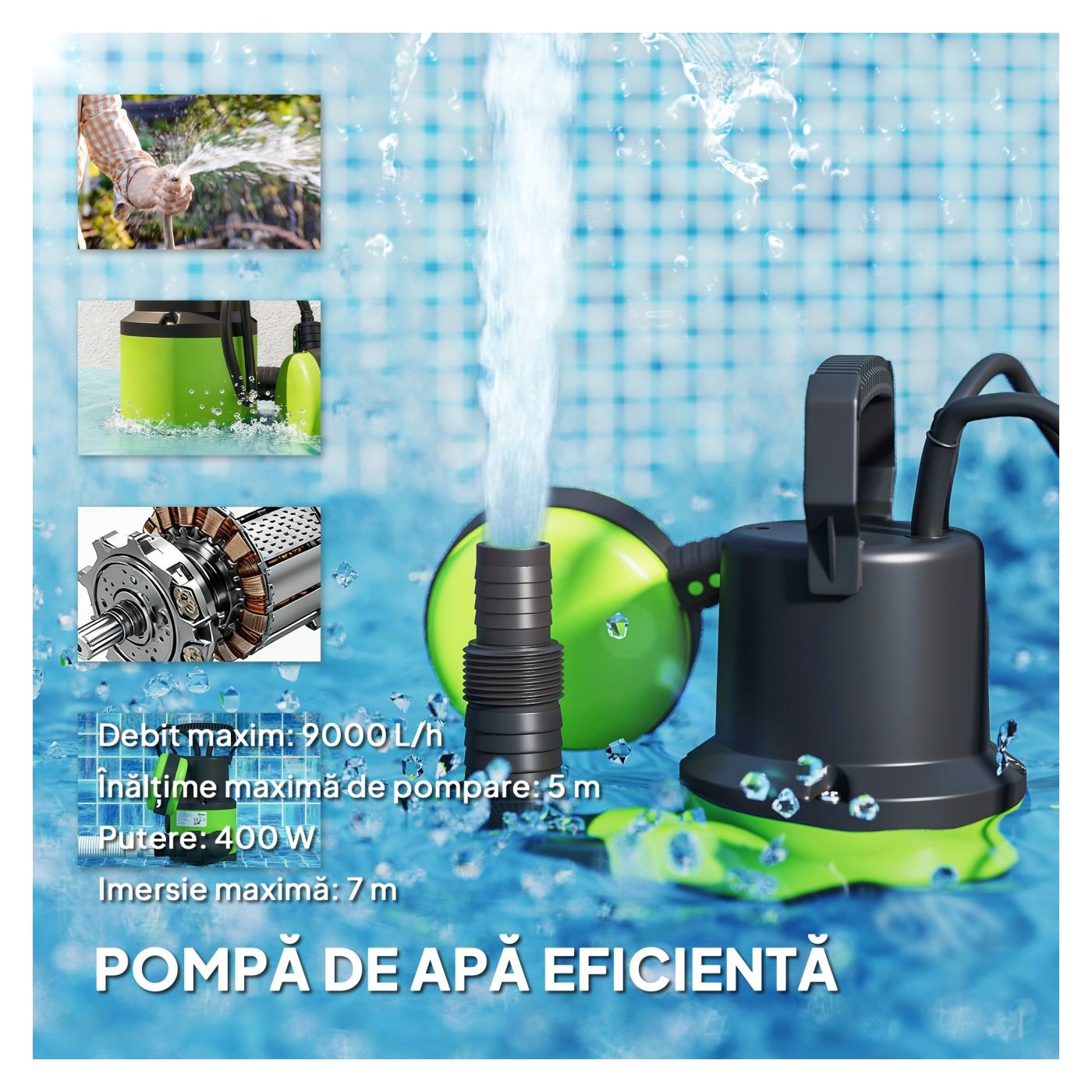Помпа за чиста/мръсна вода 400W, 9 000 л/ч, Потопяема помпа за мръсна вода, Макс. дълбочина 7 м, Обработва частици до 15 мм, Поп - 4