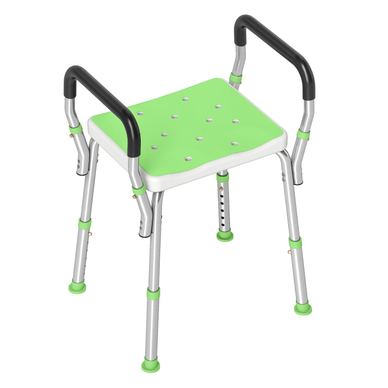 Scaun de duș din aluminiu, reglabil 57-69 cm, cu cotiere, max. 150 kg, pentru cadă, cu picioare antiderapante, verde