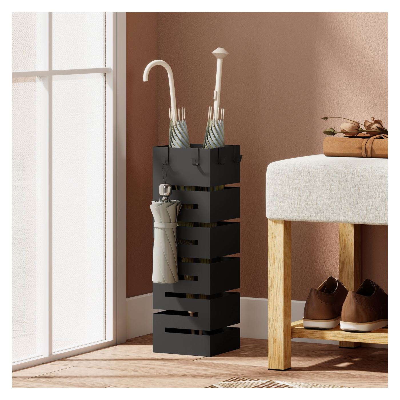Suport Modern pentru Umbrele, Suport Metalic Freestanding cu Cârlige și Tavă pentru Scurgere, Design Sculptural pentru 8 Umbrele - 2