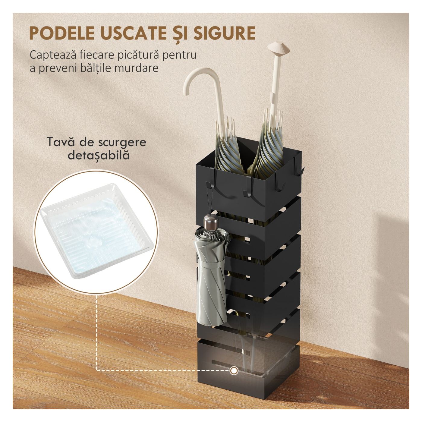 Suport Modern pentru Umbrele, Suport Metalic Freestanding cu Cârlige și Tavă pentru Scurgere, Design Sculptural pentru 8 Umbrele - 4