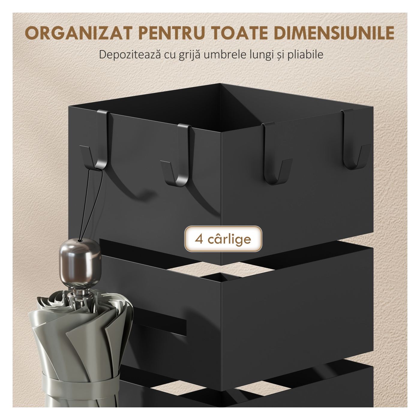Suport Modern pentru Umbrele, Suport Metalic Freestanding cu Cârlige și Tavă pentru Scurgere, Design Sculptural pentru 8 Umbrele - 5