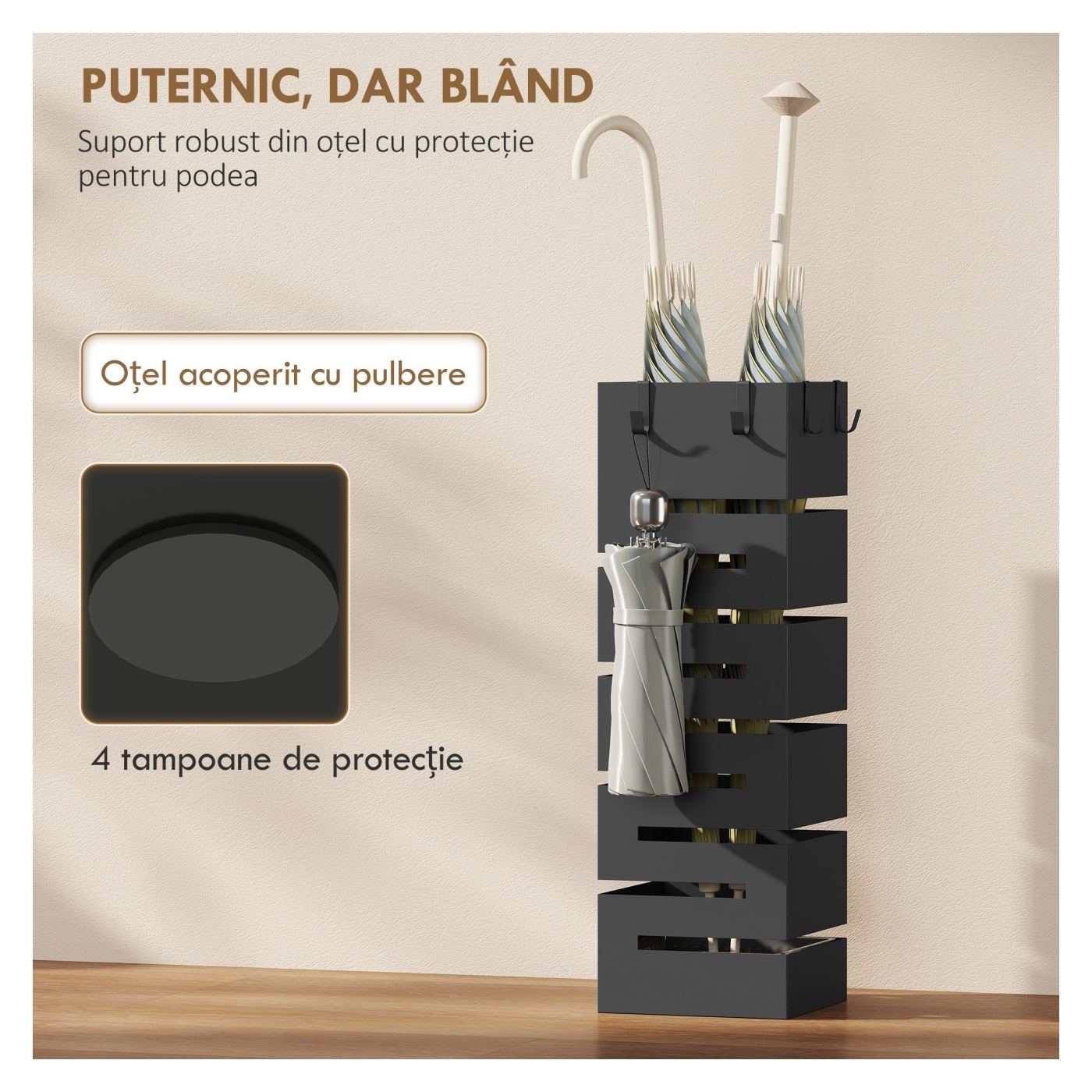Suport Modern pentru Umbrele, Suport Metalic Freestanding cu Cârlige și Tavă pentru Scurgere, Design Sculptural pentru 8 Umbrele - 6