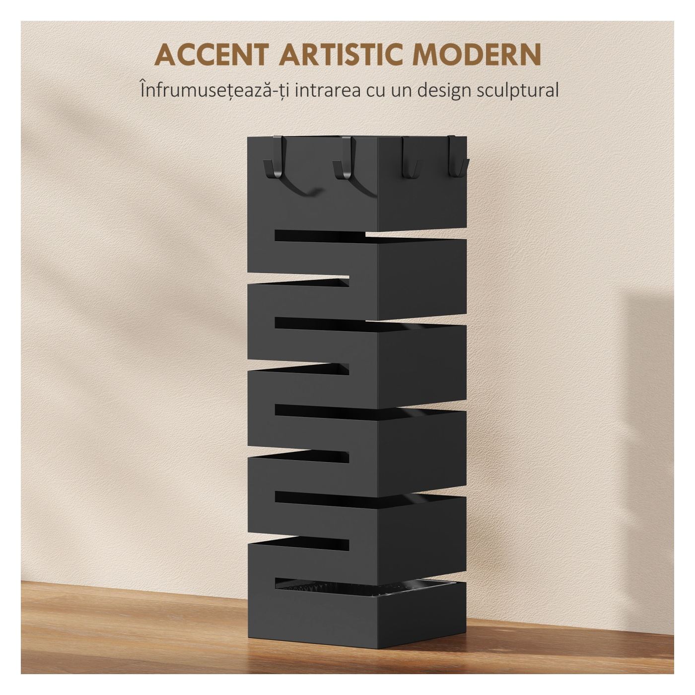 Suport Modern pentru Umbrele, Suport Metalic Freestanding cu Cârlige și Tavă pentru Scurgere, Design Sculptural pentru 8 Umbrele - 7