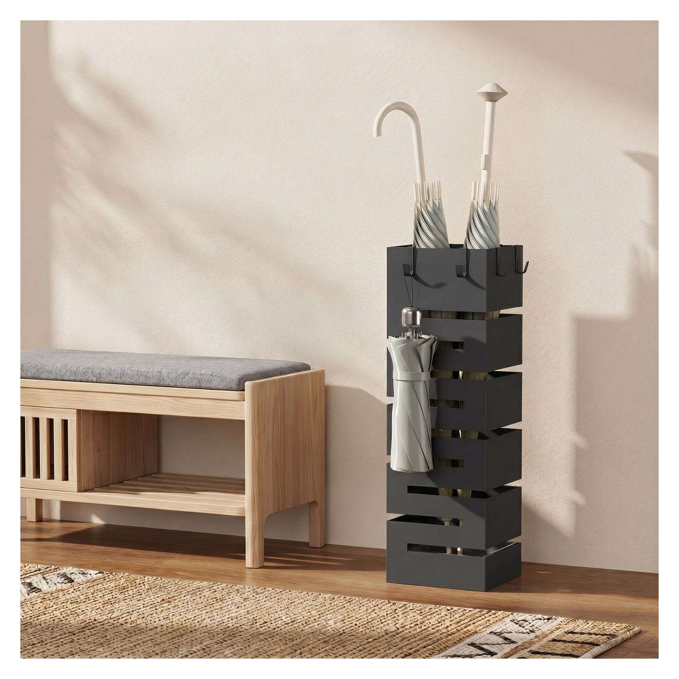 Suport Modern pentru Umbrele, Suport Metalic Freestanding cu Cârlige și Tavă pentru Scurgere, Design Sculptural pentru 8 Umbrele - 8