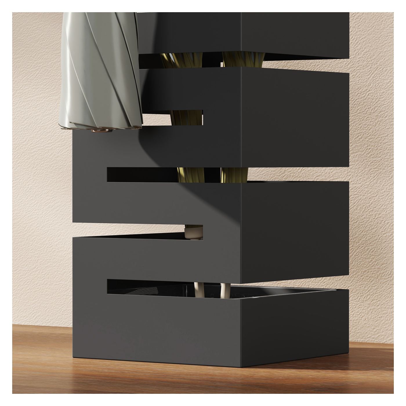 Suport Modern pentru Umbrele, Suport Metalic Freestanding cu Cârlige și Tavă pentru Scurgere, Design Sculptural pentru 8 Umbrele - 9