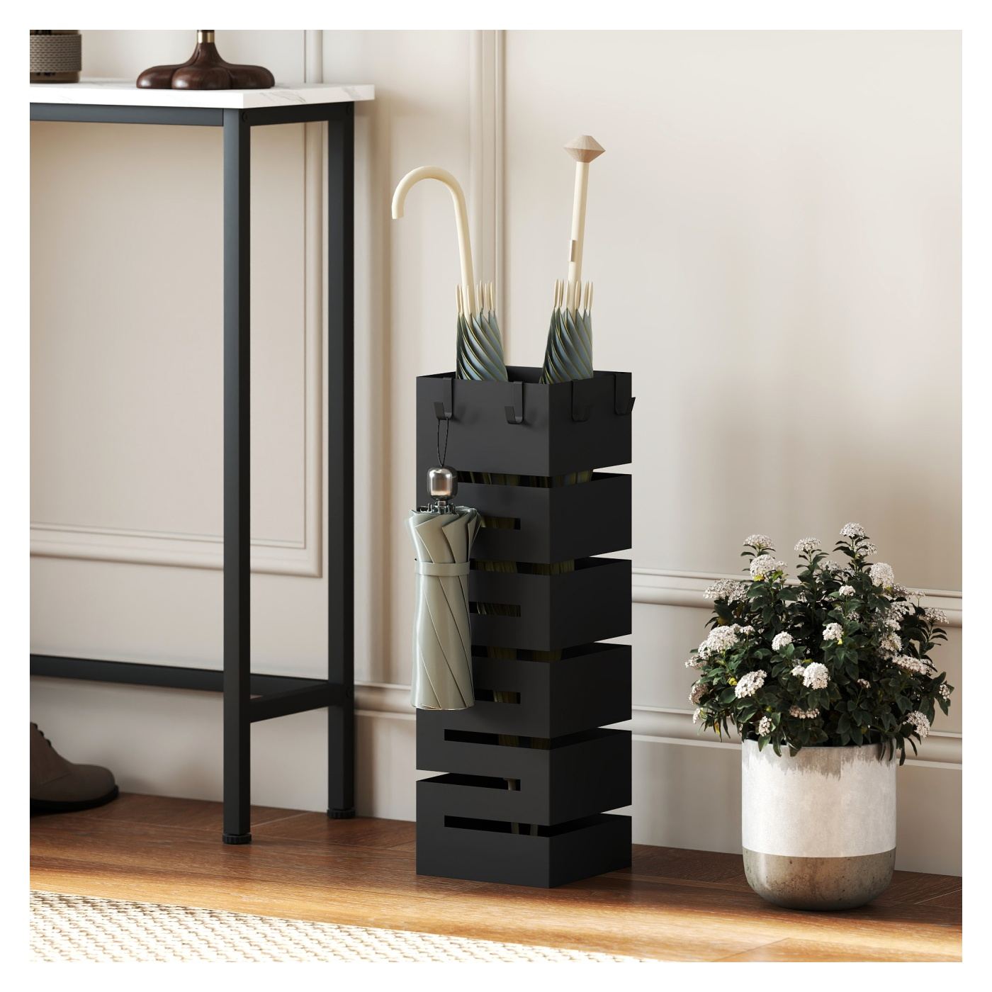 Suport Modern pentru Umbrele, Suport Metalic Freestanding cu Cârlige și Tavă pentru Scurgere, Design Sculptural pentru 8 Umbrele - 10