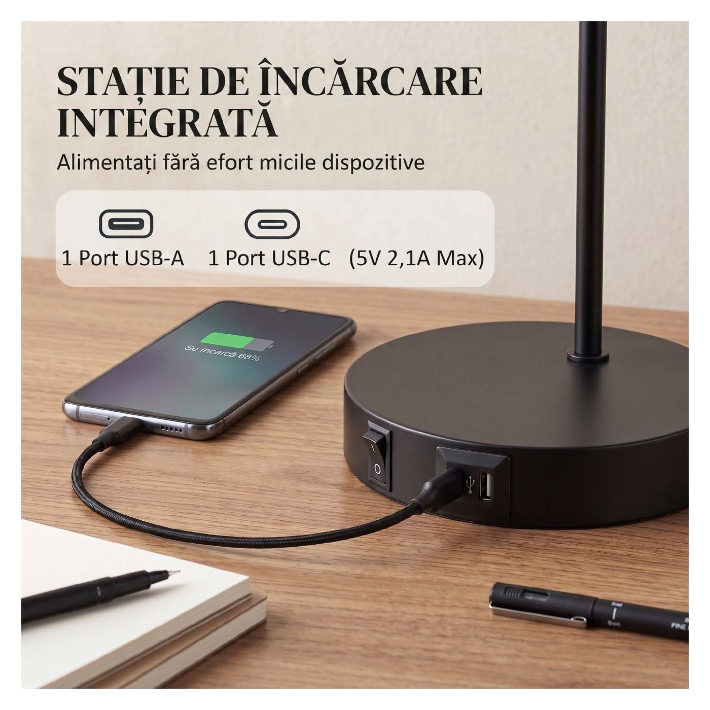 Комплект от 2 модерни настолни лампи, стоманени лампи за бюро с USB порт, E27, крушките не са включени, за всекидневна, офис и с - 4