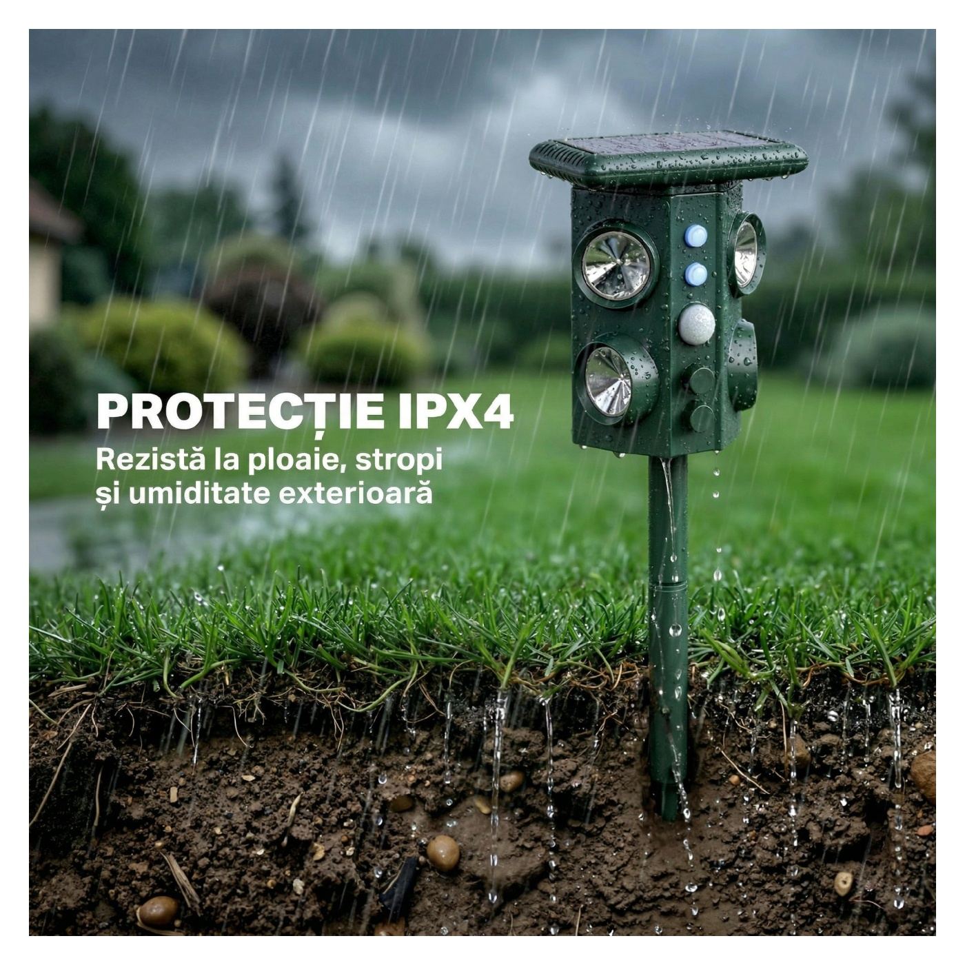 Соларен ултразвуков репелент за животни, 5 режима PIR 110° LED светкавица, IPX4 водоустойчив, 4 говорителя за животни - 8