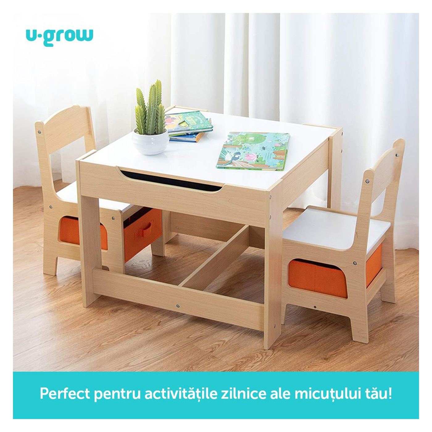 Комплект маса и 2 стола, Естествено дърво, U-Grow - 10