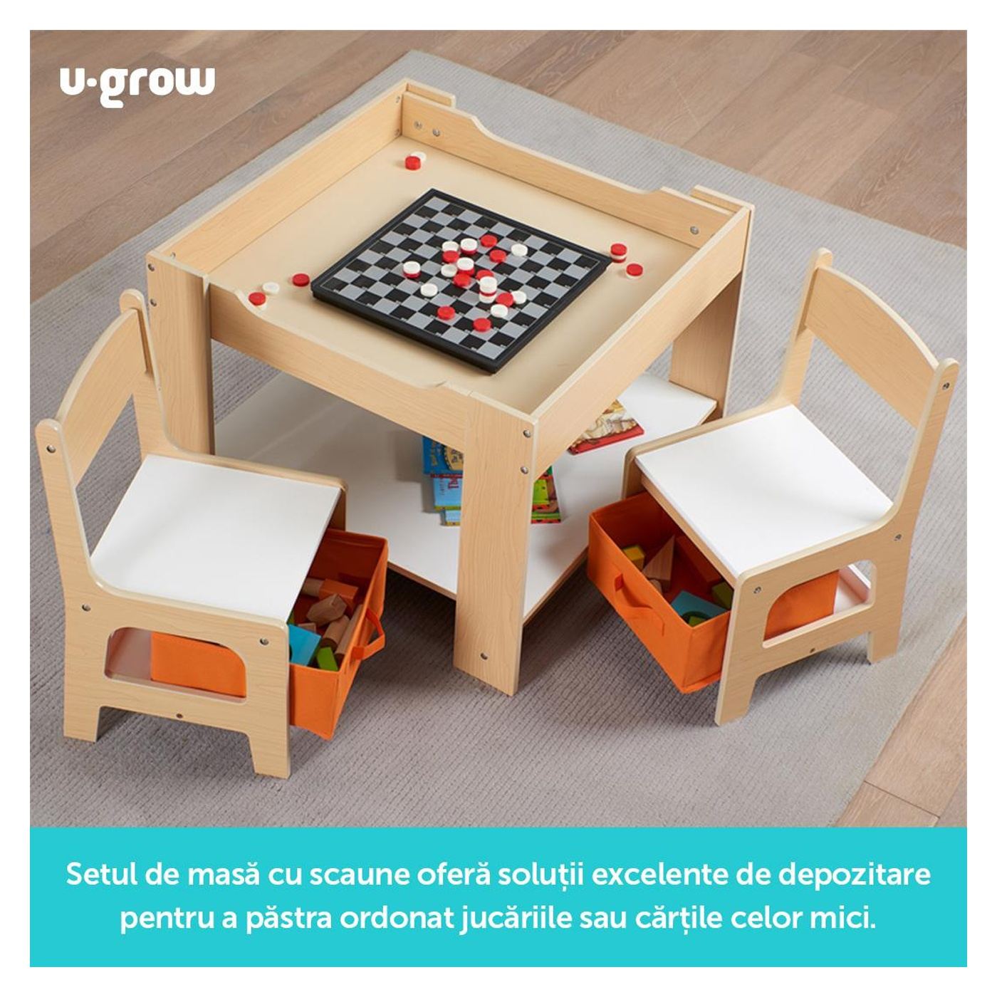 Комплект маса и 2 стола, Естествено дърво, U-Grow - 11