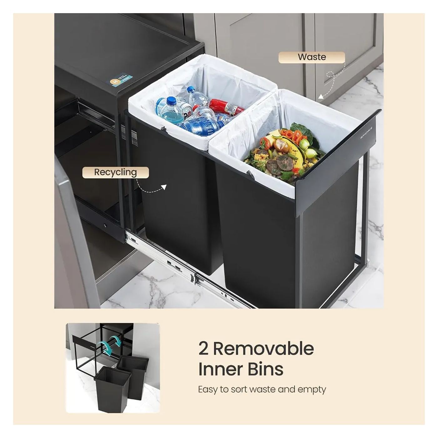 Вграден кош за боклук, Songmics, 2 отделения, 2 x 20 литра, Черен - 3