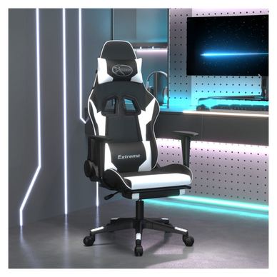 Καρέκλα gaming μασάζ με υποπόδιο, οικολογικό δέρμα μαύρο/λευκό