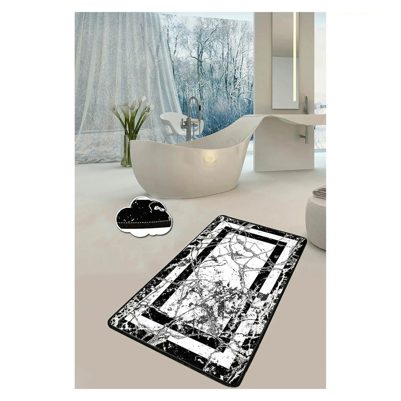 Covoras baie MARMOR, 80x100 cm, forma dreptunghiulara, poliester, alb/negru