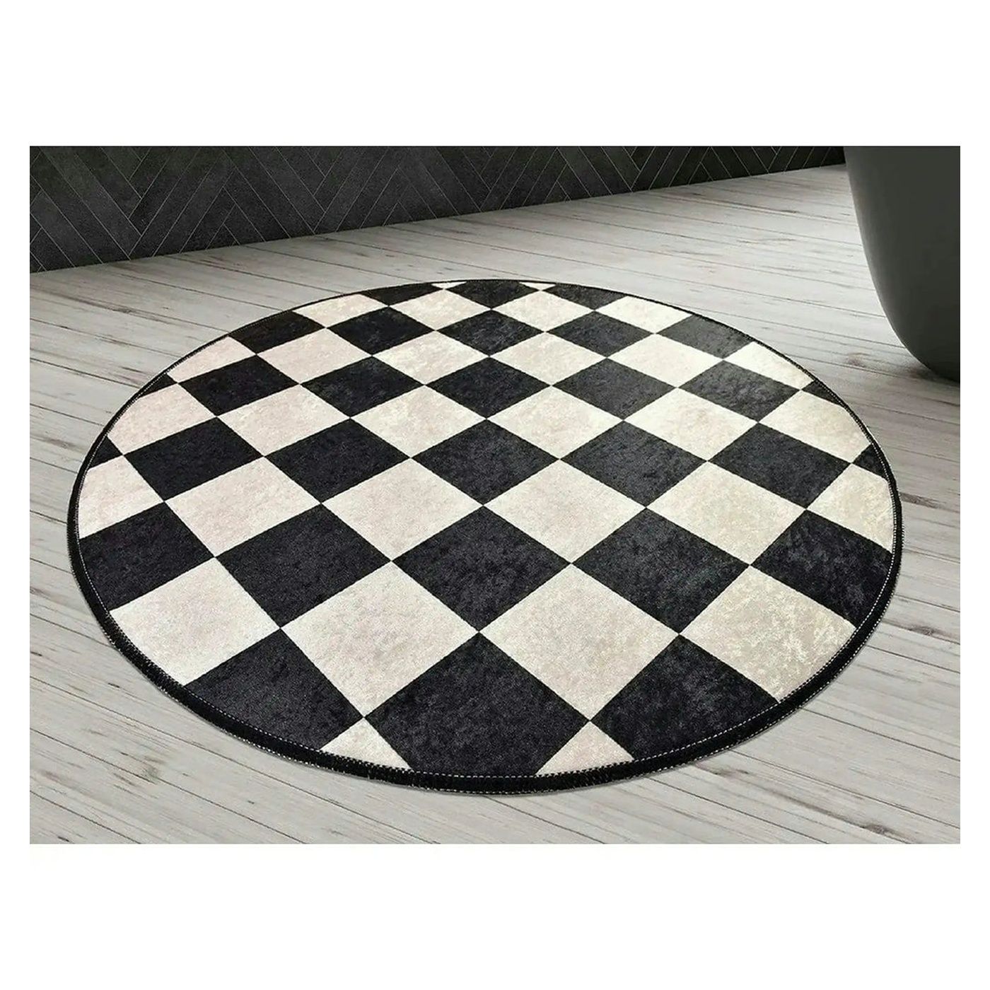 Covoras baie DAMA, 100x100 cm, forma rotunda, poliester, alb/negru