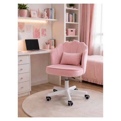 Scaun hidraulic cu spatar si roti - pentru copii, din catifea, elegant ergonomic rotativ cu inaltime reglabila, roz