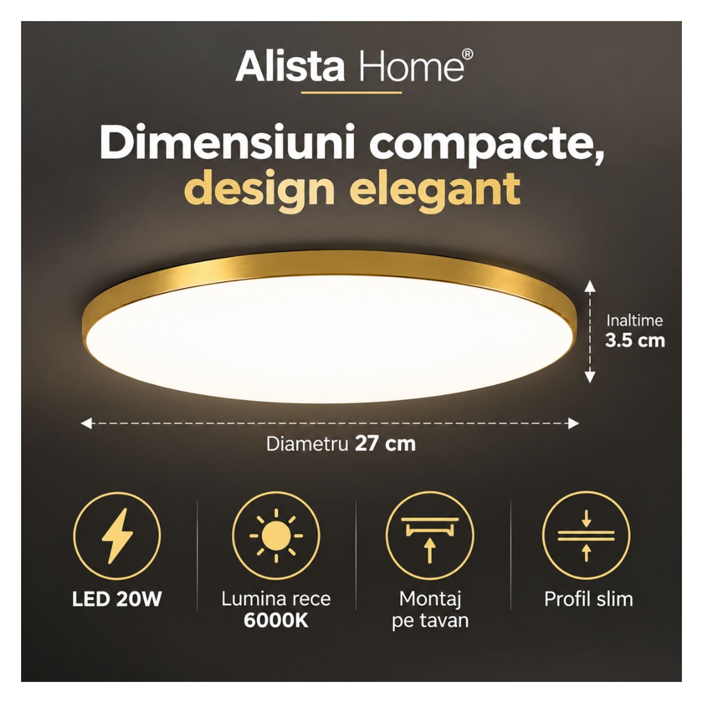SOLIS LED Mennyezeti Lámpa 27cm 20W Természetes Fehér Arany - 4