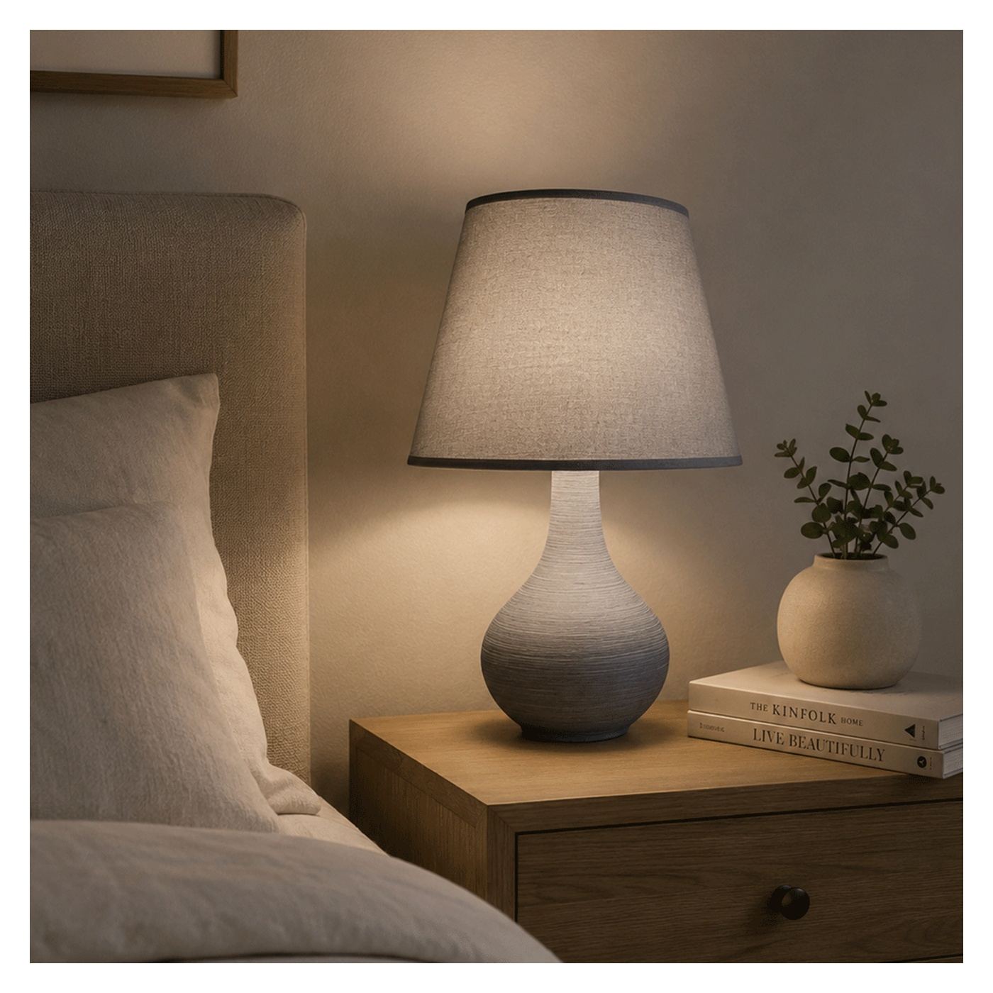 Készlet 2 Elegáns Dekoratív Kerámia Lámpa Hálószobához, 25x25x38 cm, Szövet Lámpabura és Kerámia Talp, 1m Kábel, E14 Foglalat, 2 - 5