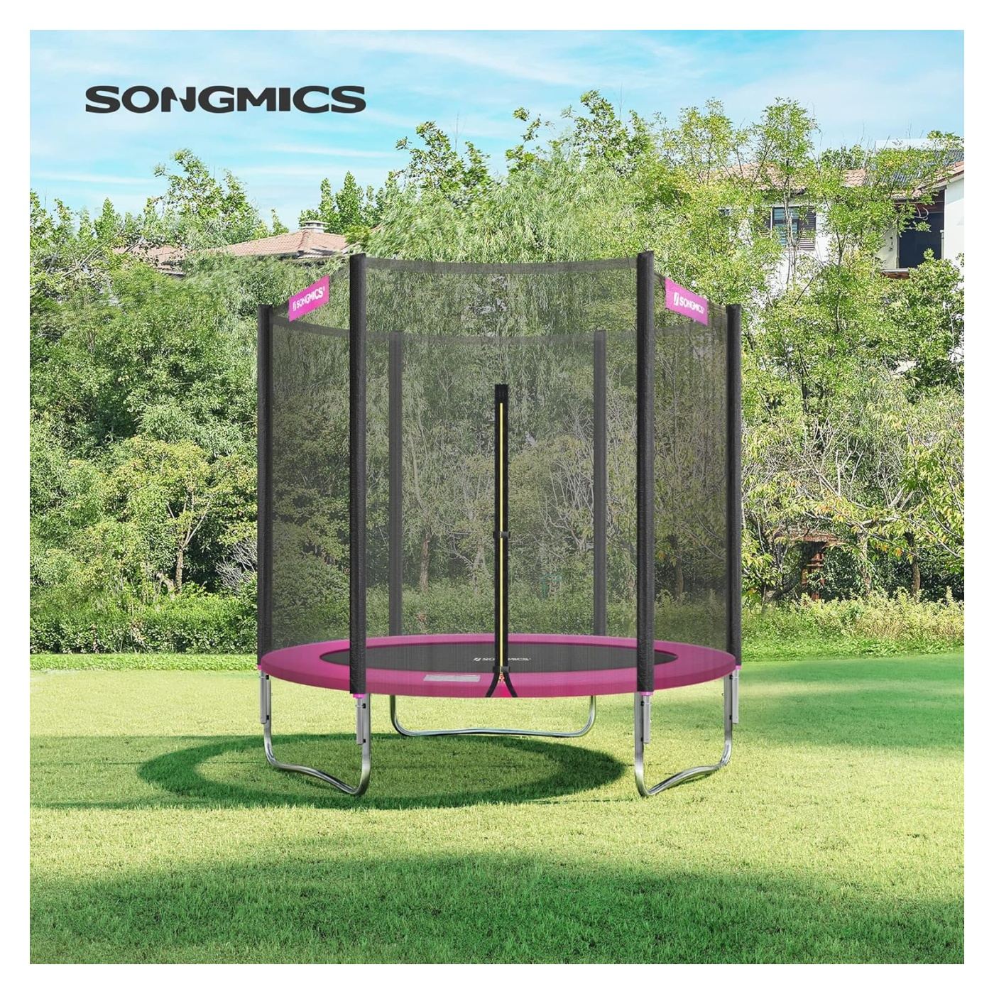 SONGMICS Trambulin gyerekeknek kültéri biztonsági hálóval, 183 cm átmérő, 100 kg, Rózsaszín - 7