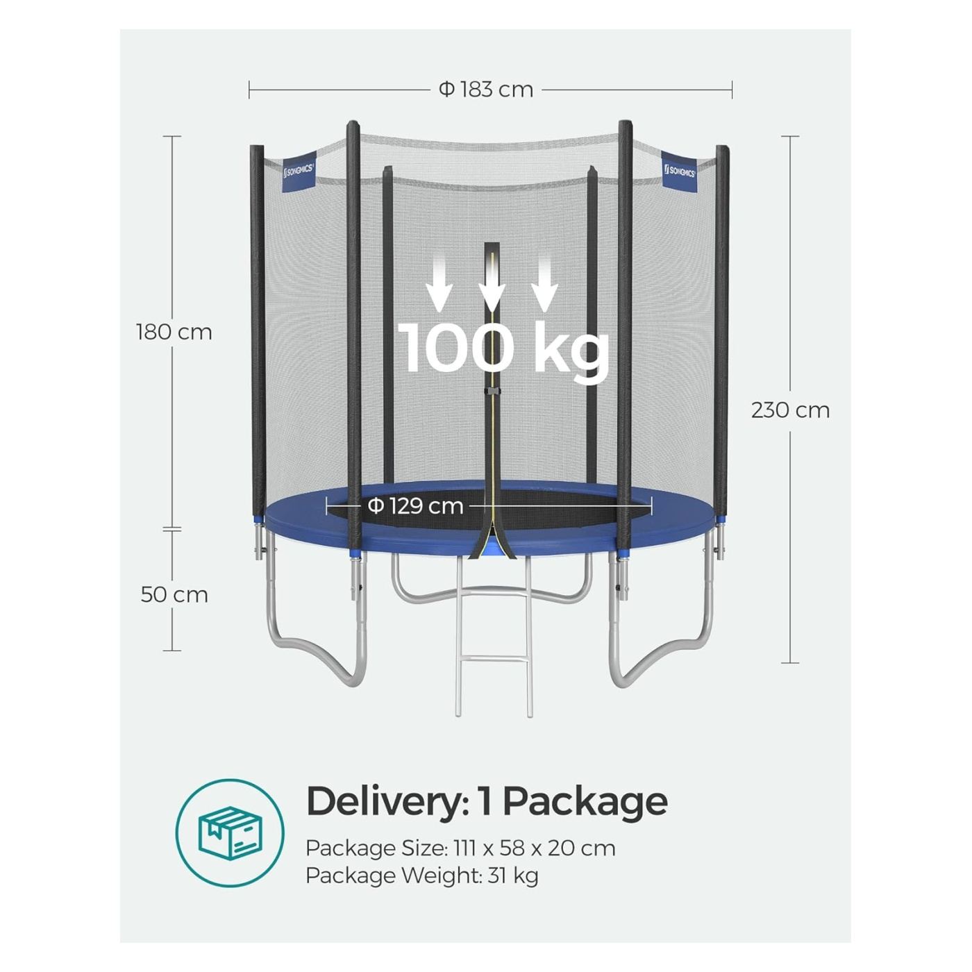 SONGMICS Trambulin gyerekeknek kültéri biztonsági hálóval, 183 cm átmérő, 100 kg, kék - 3