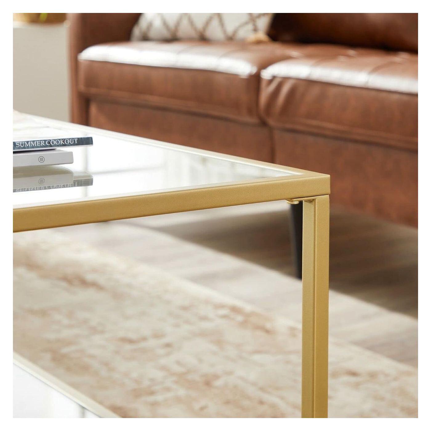 Dohányzóasztal acél vázzal, edzett üveg tetővel, 100x55x45cm, arany - 6