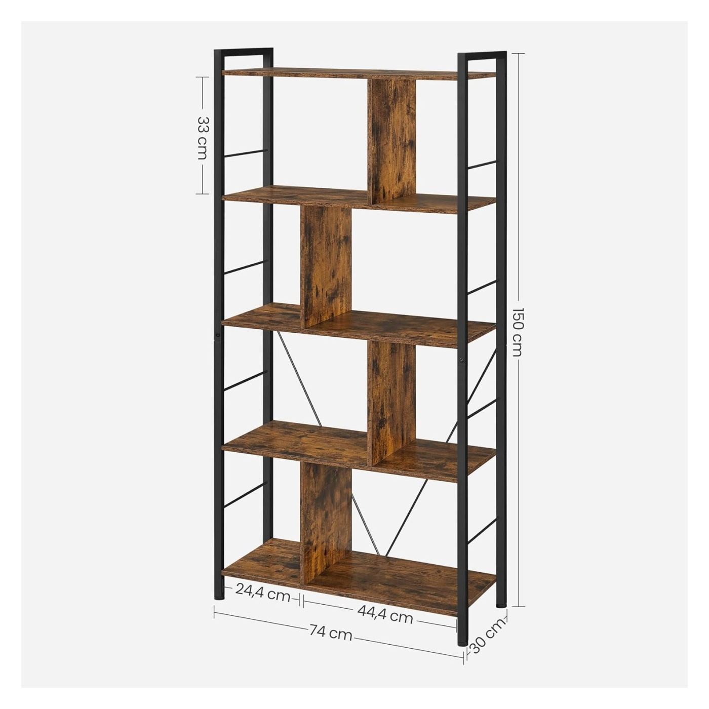 5 szintes ipari stílusú fa könyvespolc, 30x74x150cm, rusztikus barna - 3
