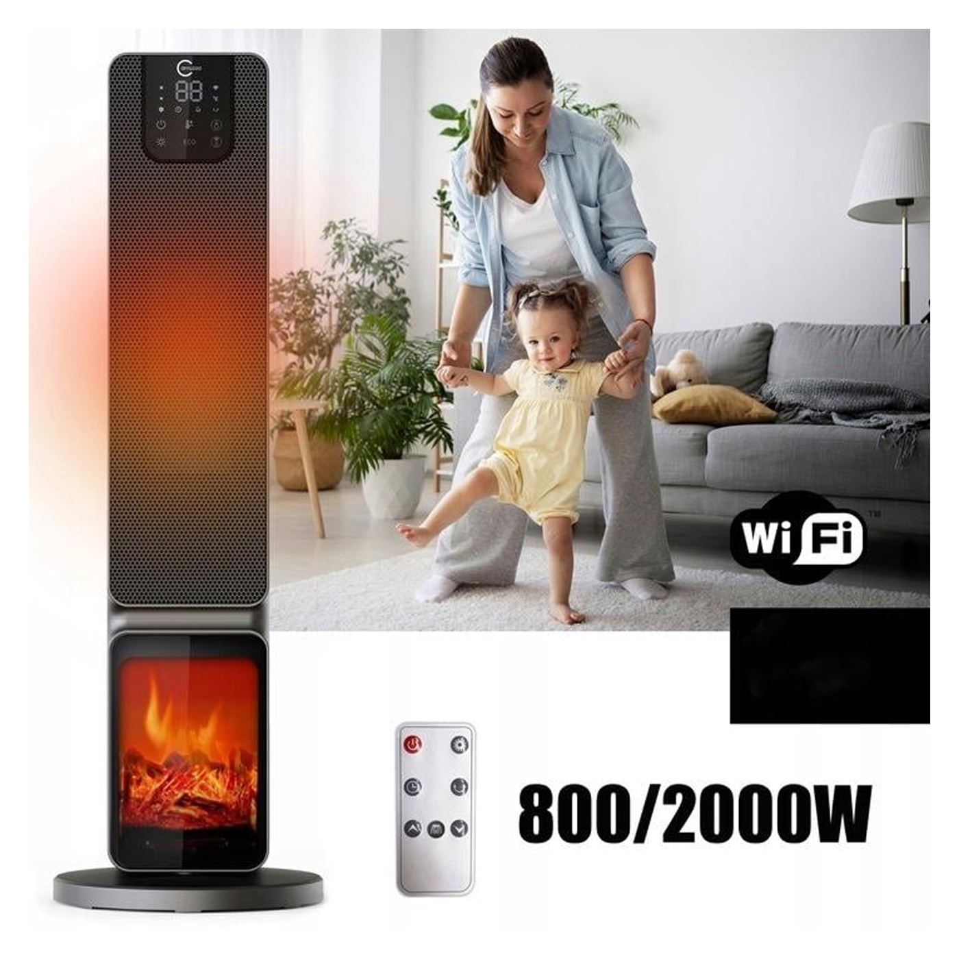 Elektromos kandalló, 2000W, 2 fűtési fokozat, termosztáttal és távirányítóval, időzítővel, LED kijelzővel, WiFi - 7