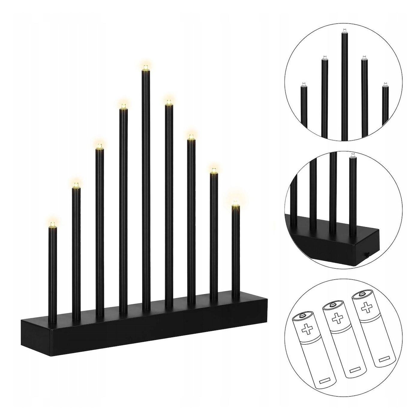 Adventi dekoratív gyertyatartó 9 LED gyertyával, fekete - 13