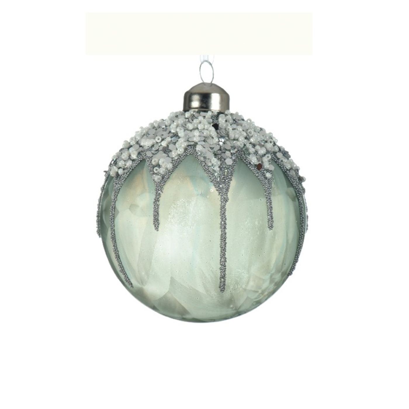Gömb üveg díszítéssel gyöngyökkel, fehér/világoszöld, 8 cm - 3