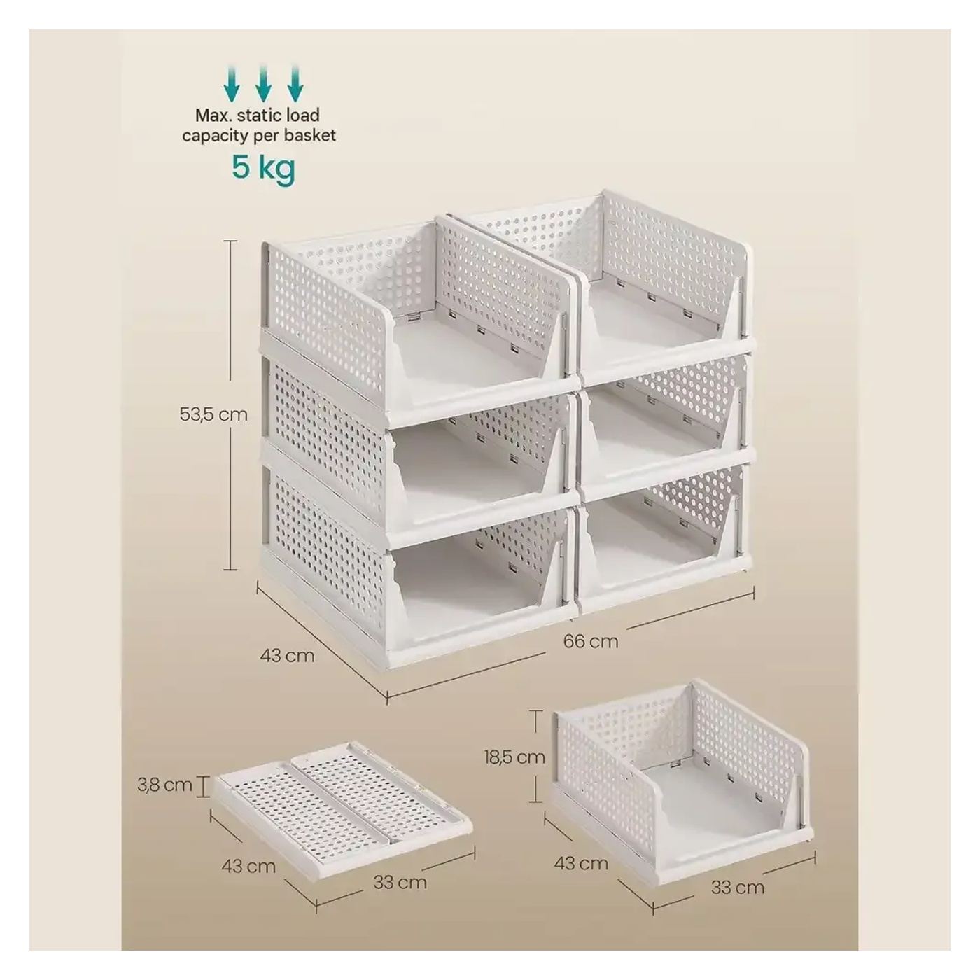 6 részes fiókrendező szett szekrényekhez, Songmics, 66 x 53,5 x 43 cm, fehér - 6