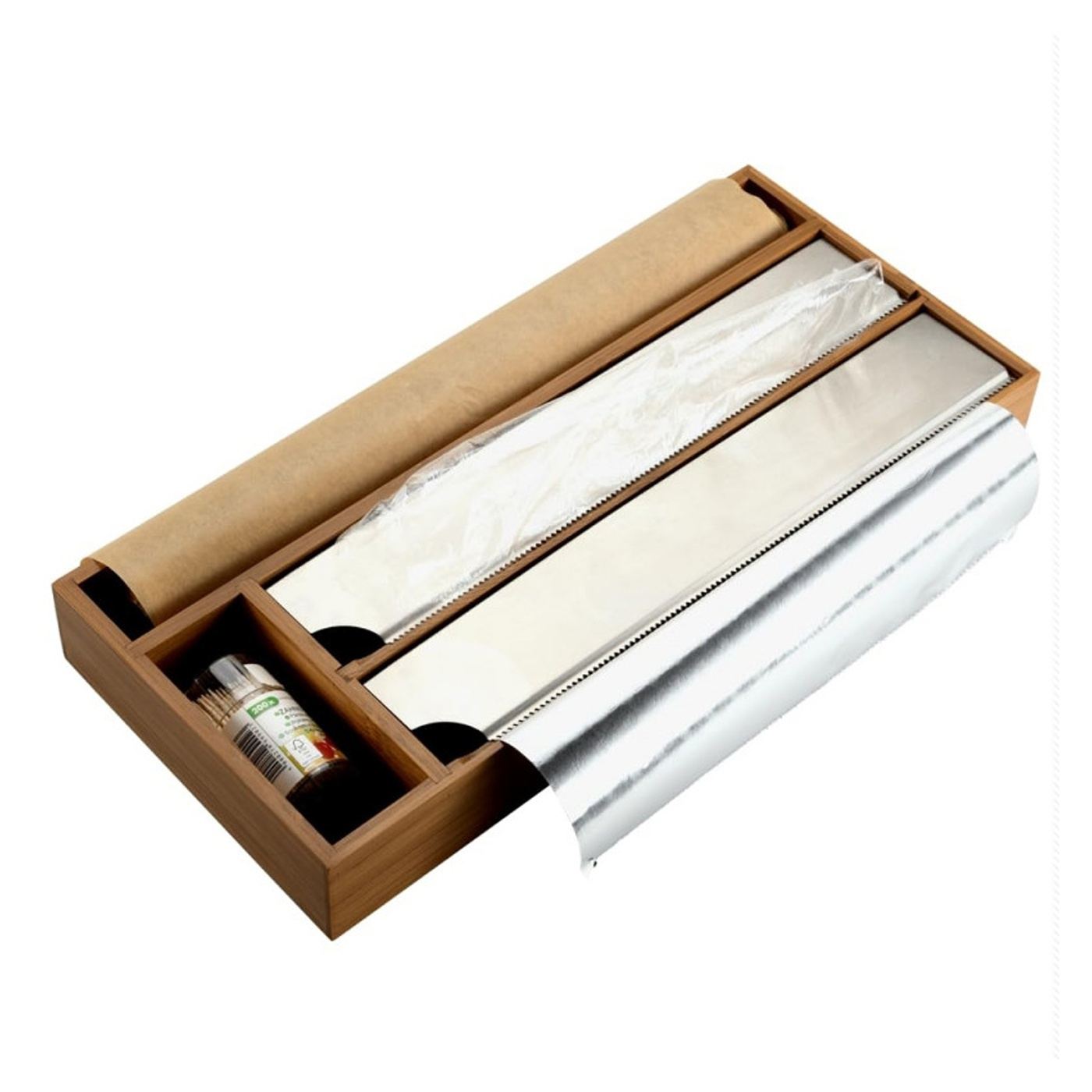 Kesper 59041 Fólia és sütőpapír adagoló, 4 rekeszes, 2 tekercs 30 cm-ig, bambusz, barna - 4