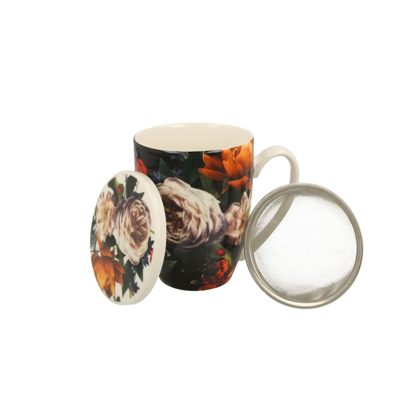Teáscsészékészlet, porcelán, Dark Flowers, fém infúziós betéttel, 325 ml - 3