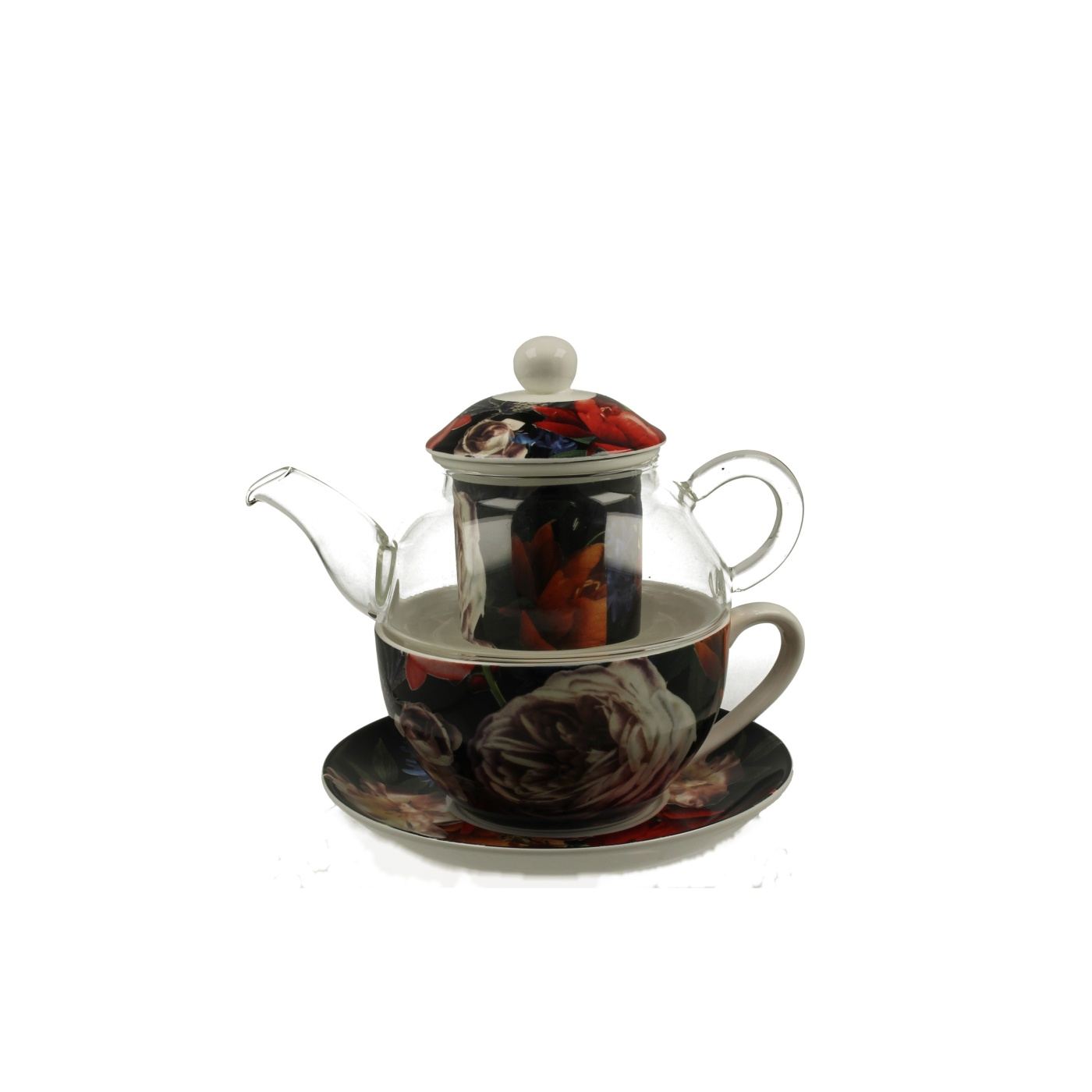 Készlet csésze teáskannával, Dark Flowers, 330 ml - 2