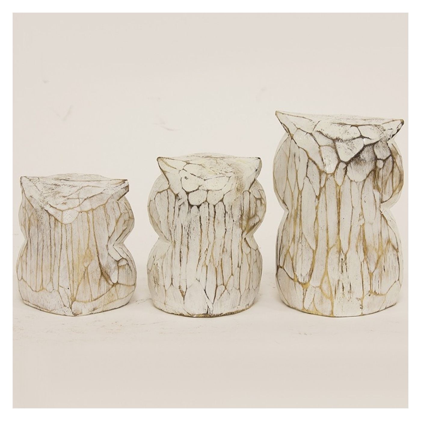 Fából készült bagoly figura, antikolt fehér, 12x9x9 cm - 3